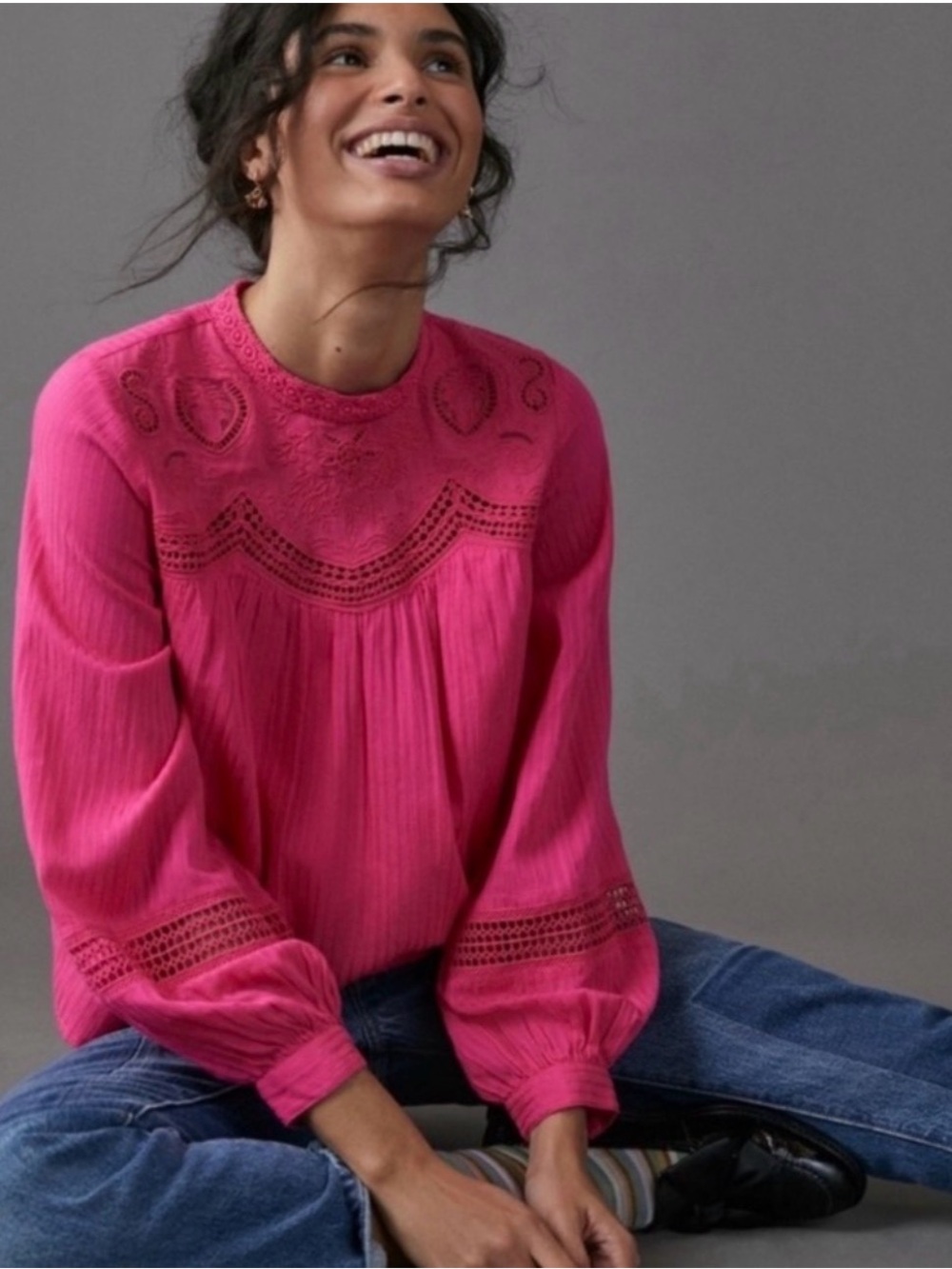 Anthropologie Hot Pink Embroidered Eyelet Lace Blouse Boho Balloon Sleeve Size M